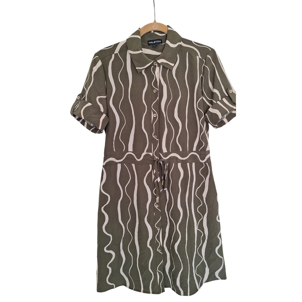 Halston Womens Olive Green Abstract Wavy Stripe Button Front Shirt‎ Dress Small